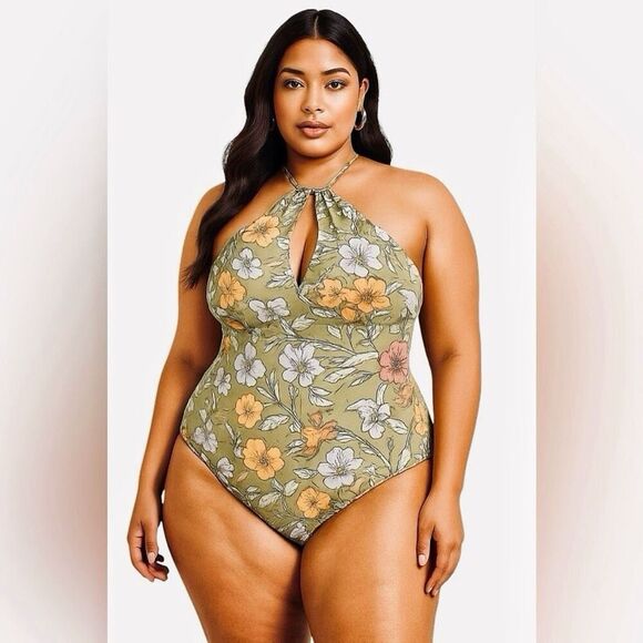 SHEIN Halter One Piece Swimsuit NEW Olive Floral 1XL Beach - Picture 1 of 9